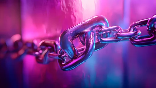 Close-up of metal chain links in neon purple and blue lighting.