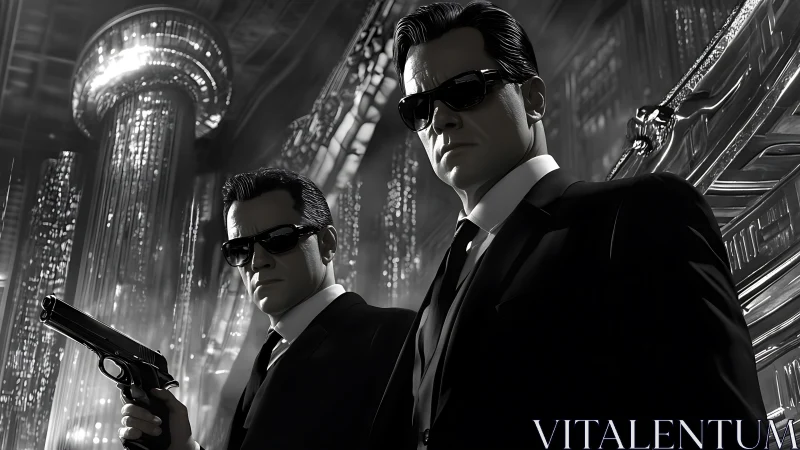 Monochrome suited agents in noir cyber baroque interior.