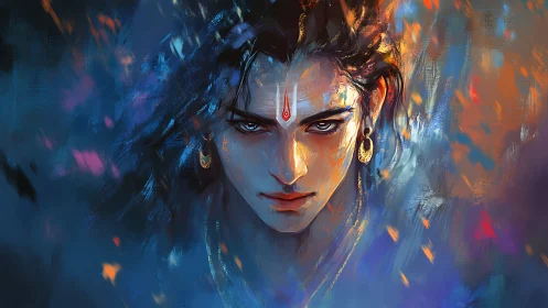 Intense mystical portrait of adorned figure in vivid light.