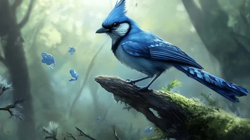 Blue jay perched on mossy branch in dreamy forest scene, digital art.