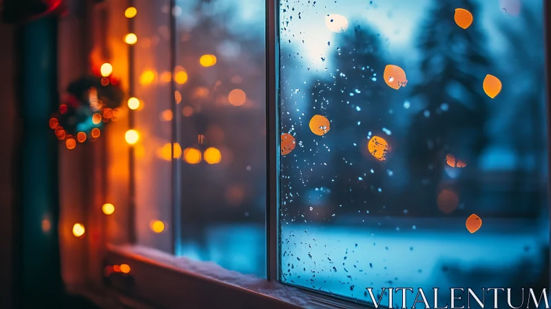 Winter window lights glow through frosted blue twilight.