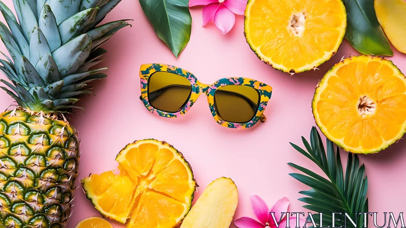 Top-down tropical flat lay aligns pineapple slices with floral sunglasses