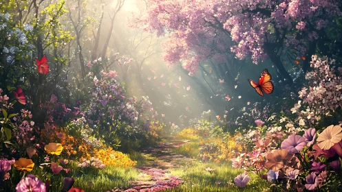 Sunlit blossom path with drifting butterflies in bloom