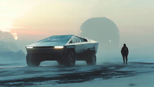 Lone explorer walks beside a futuristic truck in icy twilight.