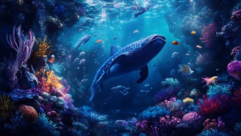 Whale and coral reef ecosystem rendered in digital seascape