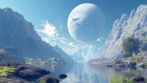 Serene alien lake rests beneath a colossal frozen moon