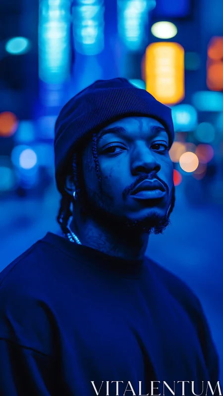 Urban portrait glows under neon blue city lights at night