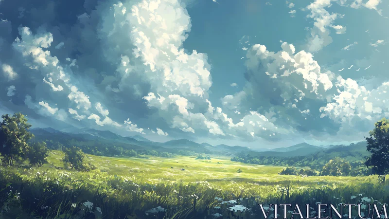 Sunlit summer meadow stretches beneath towering cloudscape