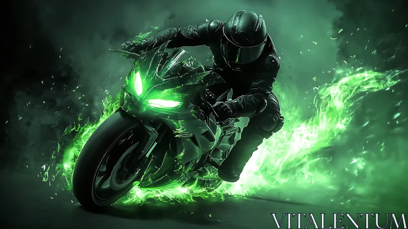 Neon green superbike racer carving road through plasma fire.