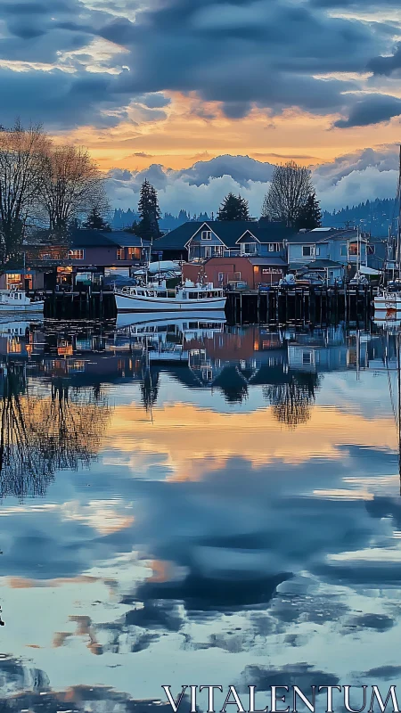 Harborfront houses and docked boats with reflective water surface.