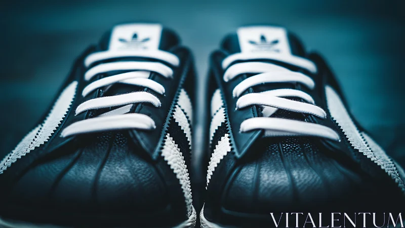 Close-up black and white sneakers with bold laces.