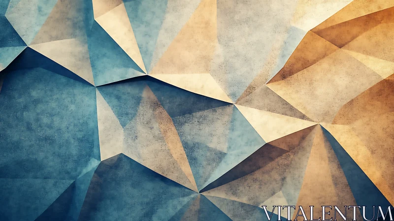 Geometric low-poly planes form textured blue and gold surface