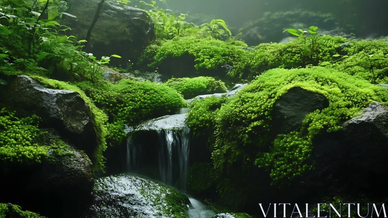 Moss covered rocks with small forest waterfall stream.
