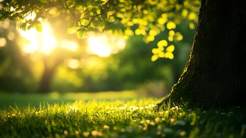 Sunlit Tree Trunk in Lush Park, Warm Nature Photography Style.