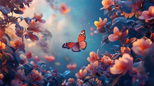 Gentle butterfly drifting through glowing twilight blossoms.