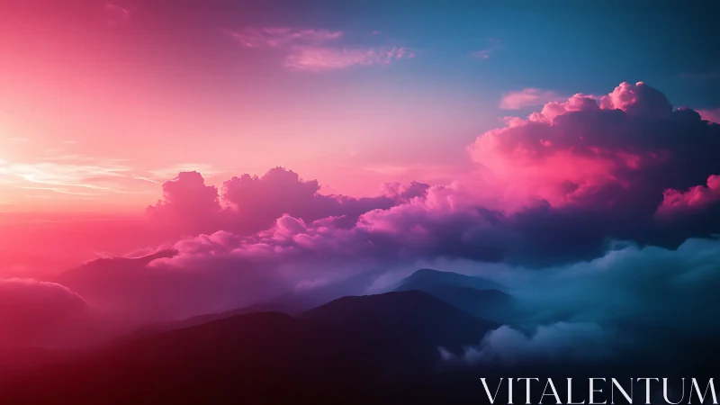 Dreamlike pink and blue clouds drift above dusky peaks.