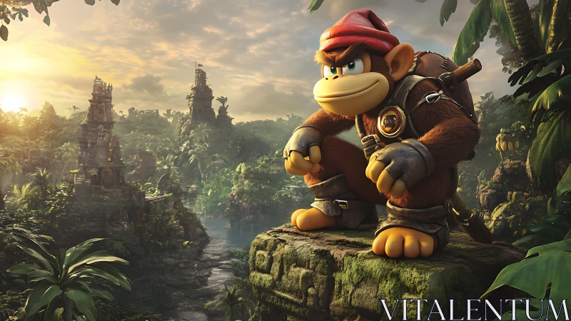 Heroic jungle explorer surveys ancient temple ruins at dawn