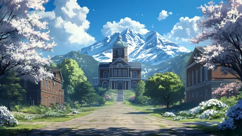 Mountain academy awakens beneath cherry blossom daylight.