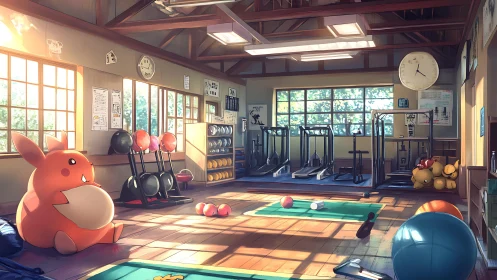 Cartoon creatures resting inside bright daylight gym room