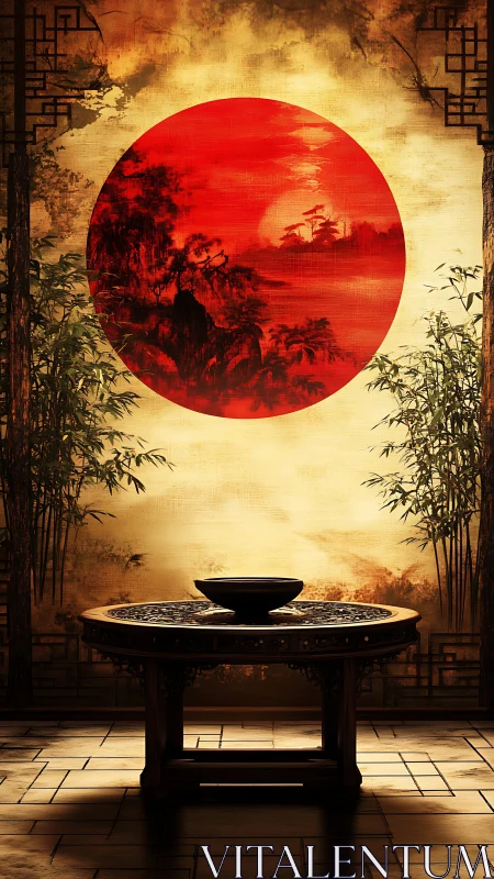 Red sun mural above ornate tea table in zen interior.