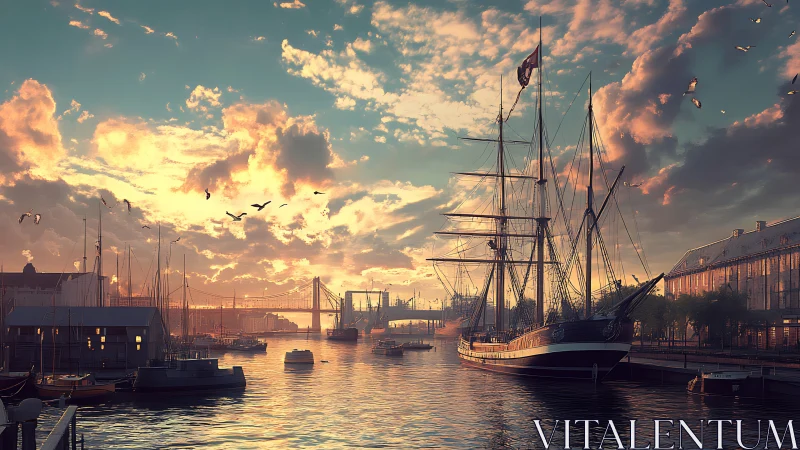 Golden-hour harbor with tall ship and glowing cloudscape.