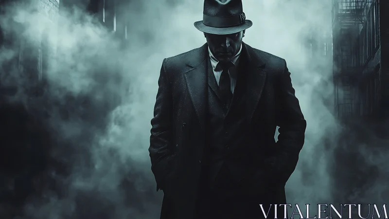 Mysterious trench‑coated figure in noir alleyway fog bank.