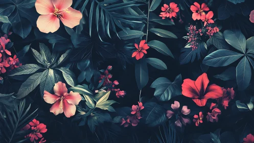 Tropical florals amid deep teal foliage.