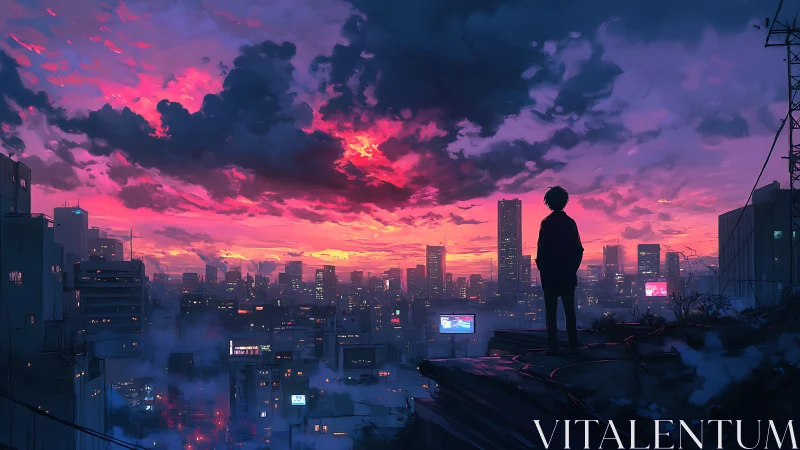 Solitary silhouette watching neon city at blazing sunset.