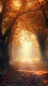 Golden forest corridor glows with soft ethereal sunrise light.