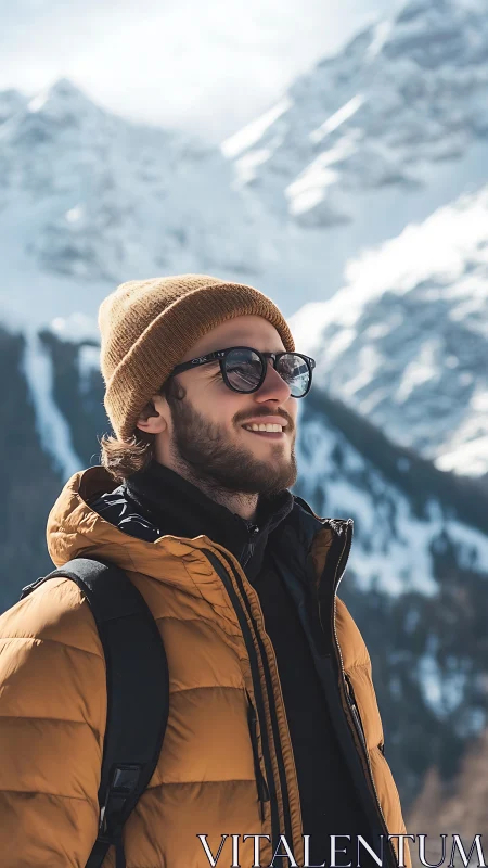 Man in winter clothing standing before snowy mountain slopes.
