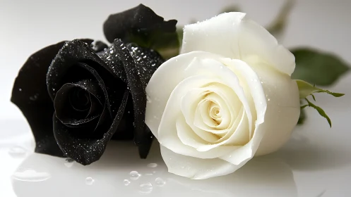 Black and White Roses with Dewdrops: Contrasting Bloom Study.
