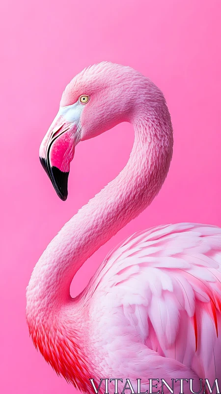 Pink flamingo profile portrait against solid pink background