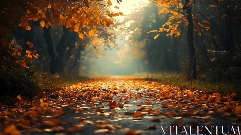 Autumn forest path lit by golden sunlight filtering through canopy