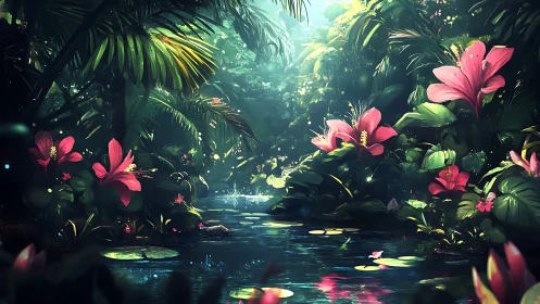Sunlit jungle lagoon shimmers amid lush pink blossoms