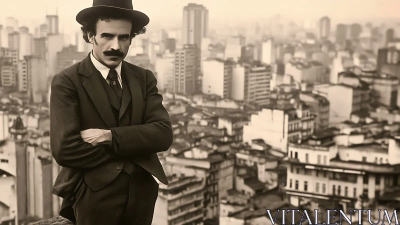 Sepia urban portrait with suited figure over hazy skyline.