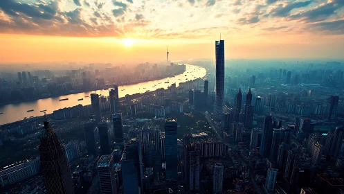 Sunrise skyline overlooks dense riverfront megacity district