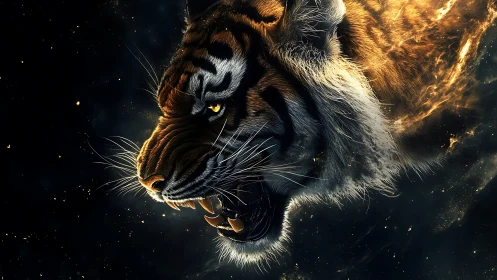 Tiger head erupts through cosmic embers in blazing profile