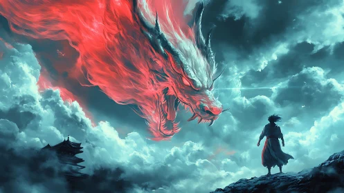 Red spectral dragon confronting lone figure in clouds.