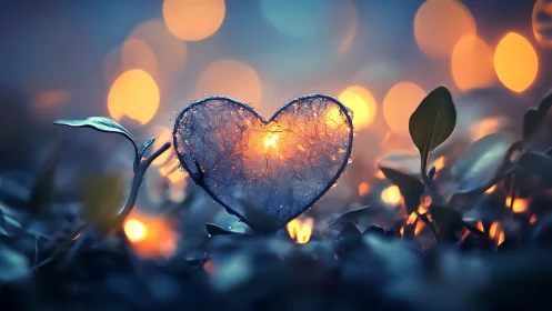 Backlit heart-shaped organic form with bokeh lighting and foliage.
