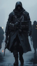 Mysterious hooded wanderer strides through misty ruins.