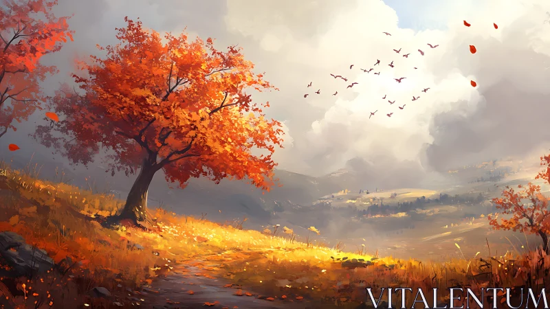 Autumn hillside landscape with orange tree and distant valley.