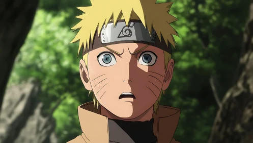 Shocked anime ninja stares ahead in a sunlit forest