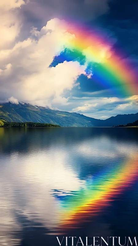 Rainbow arc over mountain lake with mirrored reflection.