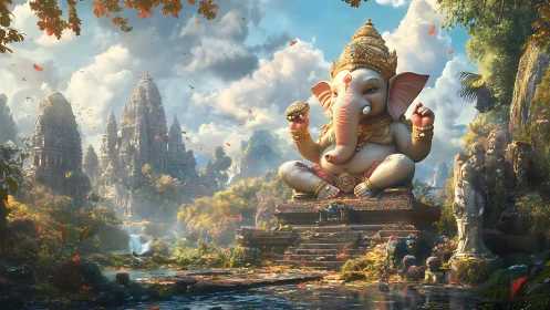 Majestic Ganesha idol amid lush temple valley at sunrise.