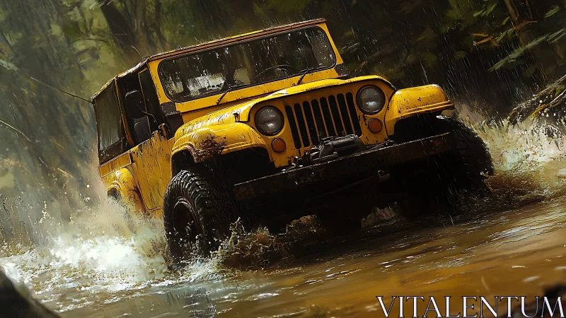 Sunny yellow off-road jeep splashing through wild forest mud.