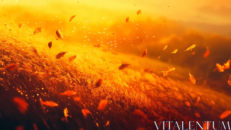 Autumn foliage drifting over sunlit field at sunset.