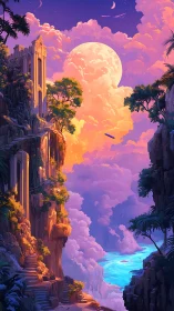 Vertical fantasy cliffside ruins frame glowing moon clouds