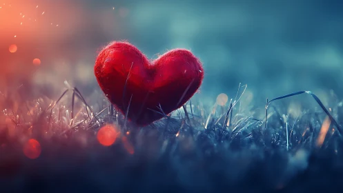 Red heart rests on frost-covered grass in cool light.