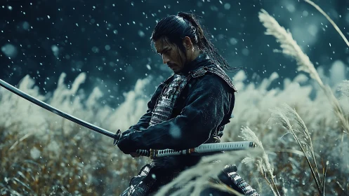 Solitary samurai in snowfall executes poised katana draw