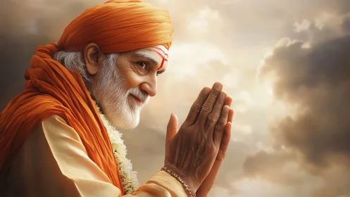 Elderly spiritual guru prays peacefully under glowing sky.